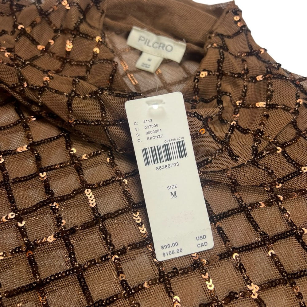 Anthropologie PILCRO Bronze Sequin Mesh Long Sleeve Turtleneck Top Medium NWT - Picture 9 of 16